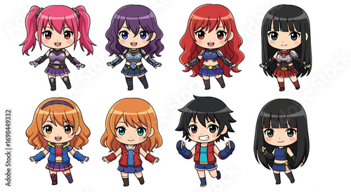 Whisk collection of cute anime chibi characters, a diverse set of super deformed people for avatar graphic design