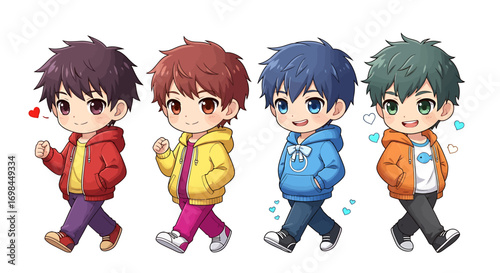 Cute kawaii character collection featuring four colorful walking boys, an isolated graphic illustration design