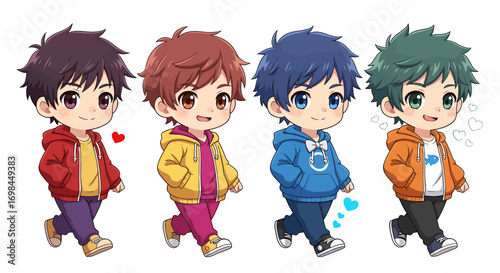 Adorable chibi boy character set design, a colorful and charming group of four friends walking in a cute anime style