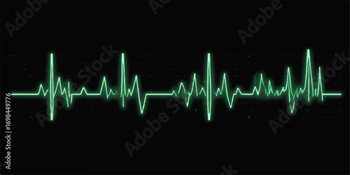 Abstract green and blue lines forming a heartbeat graph on a black background, with the pulse morphing into a heart