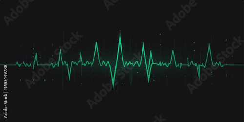 Green heartbeat pulse line on a black medical monitor showing an abstract electrocardiogram wave graph
