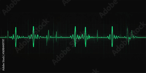 A pulsating green line on a medical monitor illustrates a steady heartbeat, showing the patient's pulse rate on an EKG