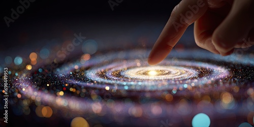 Human finger touching the center of a glowing spiral galaxy projection.