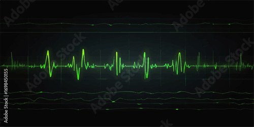 Green cardiogram heartbeat monitor on a black background, a vector illustration of a sound wave for health and medicine