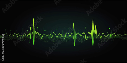 Heartbeat cardiogram pulse on an abstract green and black sound wave background