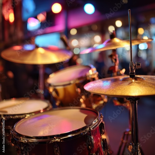 Drum kit closeup with cymbals under colorful stage lights