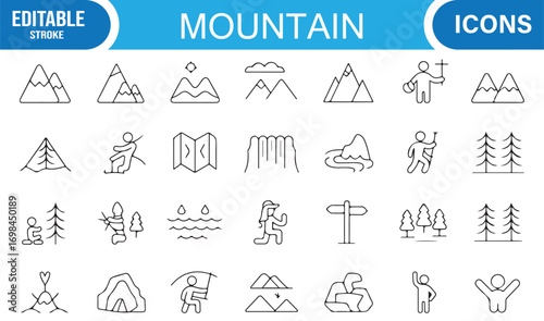Exploration and travel line icons pack including hikers, trails, maps, and mountain climbing graphics