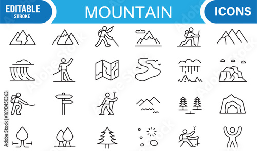 Forest and mountain vector illustrations with camping tents, waterfalls, and alpine summit symbols