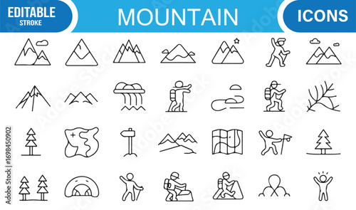 Outdoor adventure line icons pack with landscapes, hikers, peaks, and alpine nature illustrations