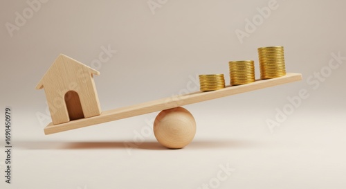 Wooden house on a balance scale weighed against stacks of coins, illustrating financial investment in real estate