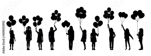 Girl Holding Balloon Silhouette Set - Black and White Vector Illustration