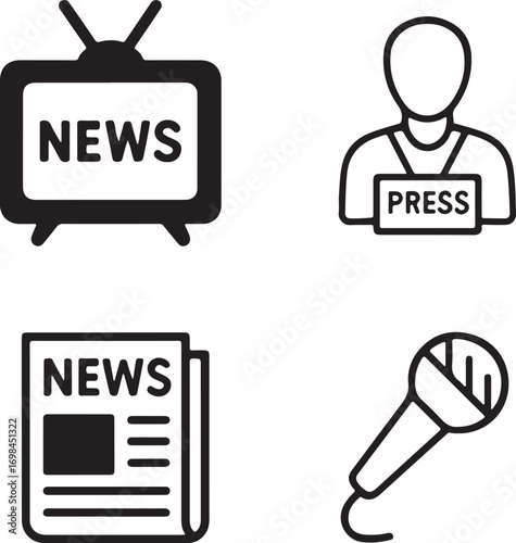 Isolated news media icons, black media vector, minimal journalism silhouette, outline news symbol, newspaper clipart, editable vector media icon set