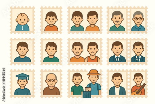 Men All Stages Postage Stamps Icon Set 