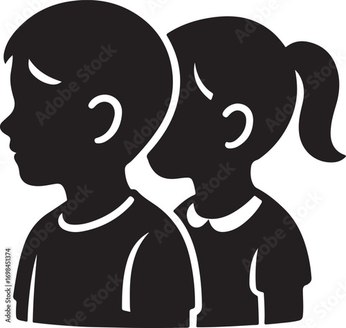 Isolated siblings icons, black family vector, minimal boy girl silhouette, outline children together symbol, family care clipart, editable vector sibling icon set