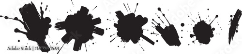 Brush set. Vector black paint brush spots, highlighter lines or felt-tip pen marker. Ink smudge abstract shape stains and smear set with texture