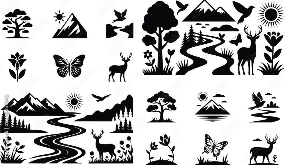 Naklejka premium black and white silhouettes of animals, Nature Landscape Silhouette Vector Icon Collection