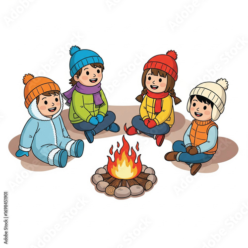 little boy in the snow with a campfire