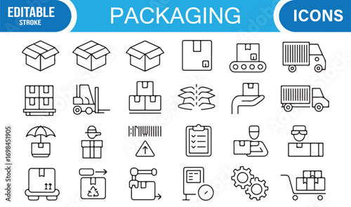 Warehouse and logistics line illustrations with packaging boxes, transport trucks, and inventory tools