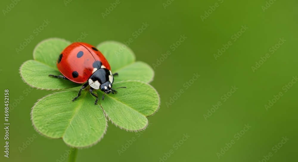 Naklejka premium Close up macro shot of a lucky ladybug resting on a four leaf clover in soft green meadow background