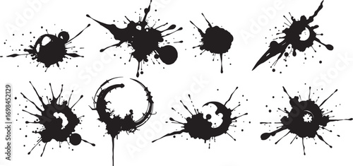 Brush set. Vector black paint brush spots, highlighter lines or felt-tip pen marker. Ink smudge abstract shape stains and smear set with texture