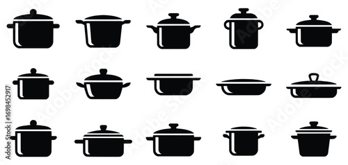 Collection of Black Silhouettes of Various Cooking Pots and Pans
