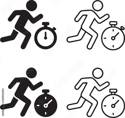 Isolated fitness runner icons, black stopwatch run vector, minimal exercise silhouette, outline athlete symbol, sports training clipart, editable vector fitness icon set