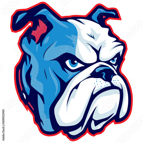 Bulldog head mascot with blue and white markings and a red outline.