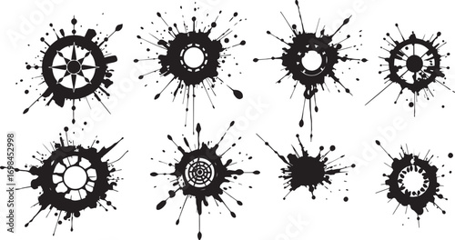 Brush set. Vector black paint brush spots, highlighter lines or felt-tip pen marker. Ink smudge abstract shape stains and smear set with texture