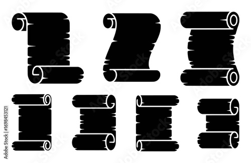Collection of Black Silhouette Scroll Icons on White Background