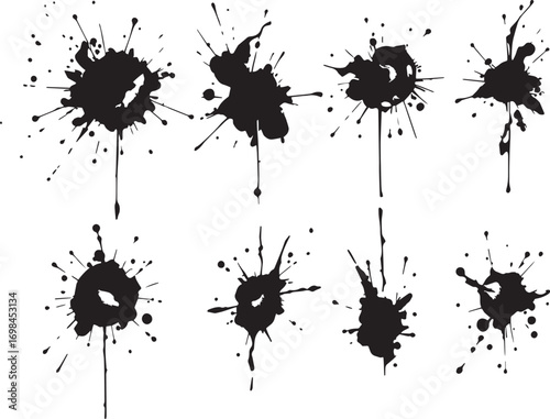 Brush set. Vector black paint brush spots, highlighter lines or felt-tip pen marker. Ink smudge abstract shape stains and smear set with texture
