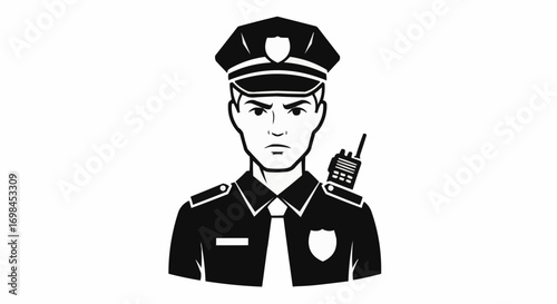 Vector art of black and white illustration of a police officer in uniform, wearing a hat and holding a radio, , symbolizing law enforcement and order