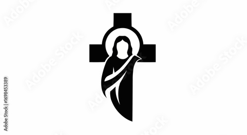 Vector art of stylized black silhouette of jesus christ standing in front of a celtic cross