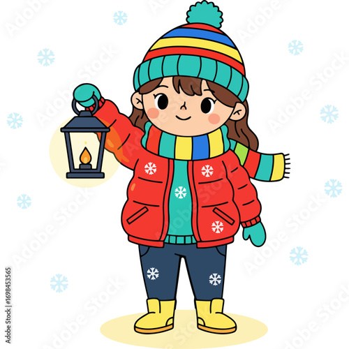 Children dressed in winter clothes holding lighted lanterns: This is a beautiful image for use in advertisements for magazines, blogs, or online stores that are about festive mood and winter fashion.