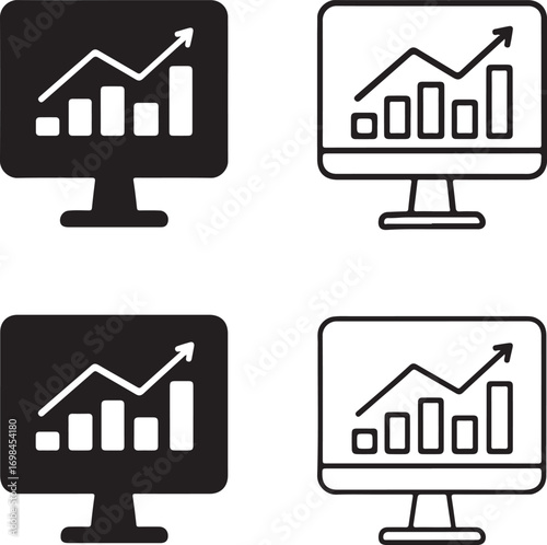 Isolated analytics icons, black computer screen vector, minimal data analysis silhouette, outline business chart symbol, report monitor clipart, editable vector analytics icon set