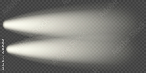 Car headlight top view. Lighthouse camera, motorcycle lamp flare. Night front flashlight, png overlay. Street led effect, light beam in smoky fog. Isolated train head spot vector, beacon lense aerial