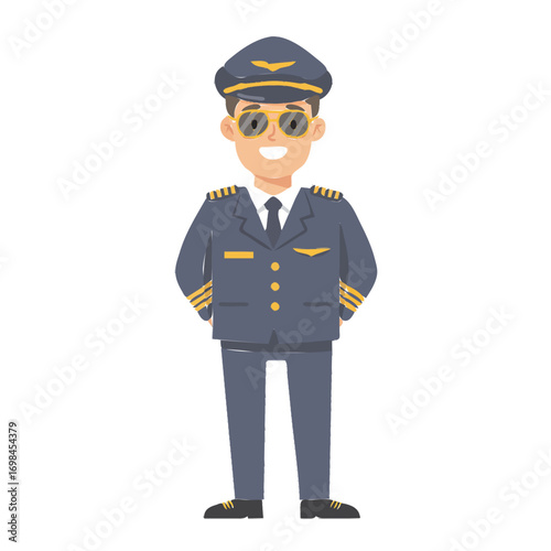 A cheerful cartoon airline pilot character standing in a full professional uniform with a cap and sunglasses.