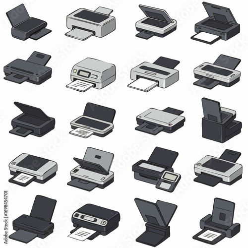 Isometric Detailed Printer Machine Office Equipment Device Technology Icon Set