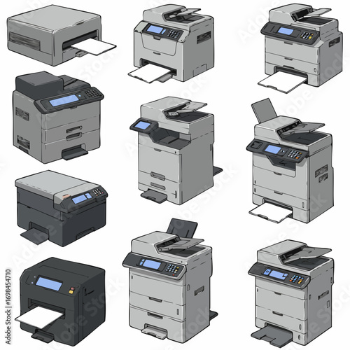 Isometric Detailed Office Printer Machine Technology Equipment Illustration Set