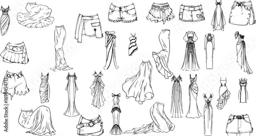 Sketchy black and white fashion vector art with different types of dresses, skirts, shorts, and pants.