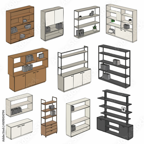 Isometric Minimalist Shelf Unit Furniture Assortment with Books and Decorations