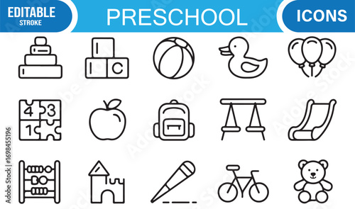 Toddler and kindergarten outline icons set with toys, abacus, play equipment, and learning tools