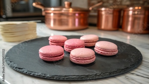 Pink macarons on a plate.