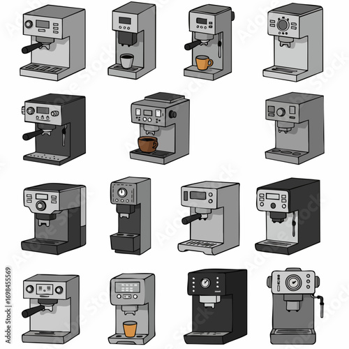 Handdrawn Different Style Coffee Machine Illustration Appliances Set Collection
