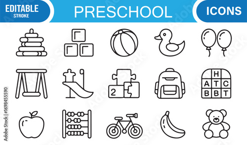 Early learning vector icons collection including playground, bicycle, puzzle, and duck toy graphics
