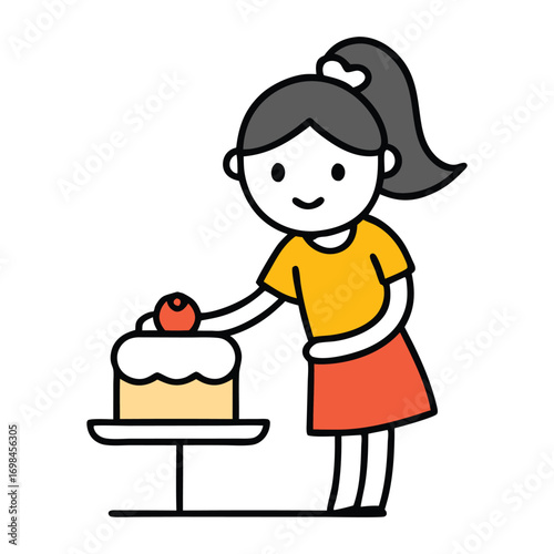 Cartoon Girl Decorating Cake with Cream and Cherry