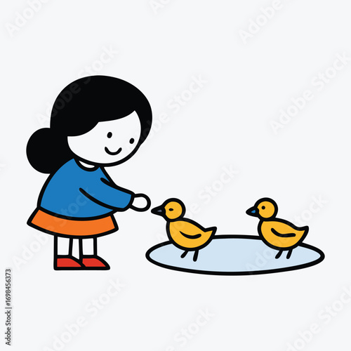 Cartoon Girl Feeding Ducks – Cute Vector Illustration by a Pond