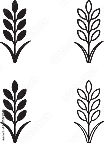 Isolated rice plant icons, black rice vector, minimal agriculture silhouette, outline rice crop symbol, farming field clipart, editable vector rice icon set