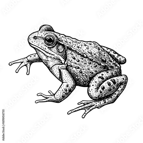 Hand-drawn frog vintage illustration in old engraving style, black sketch on white background, trendy wildlife print, unique amphibian art, retro nature artwork.