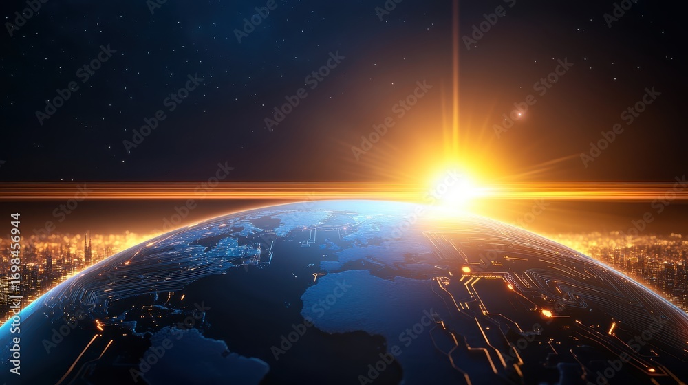 Obraz premium Stunning View of Earth with Digital Texture and Radiant Sunrise Over a Cybernetic Cityscape in Space