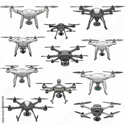 Isometric Detailed Drone Collection of Various Styles and Models, UAV Aircraft